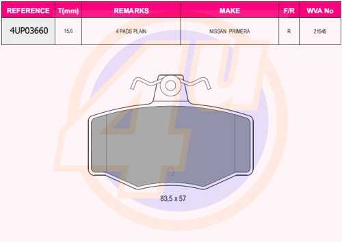 Колодки зад NISSAN PRIMERA 1.6-2.0/2.0TD 90-02/ALMERA N16 00-04 <b>4U 4UP03660</b> - изображение
