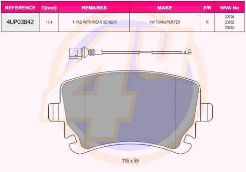 Колодки зад VW T5CARAVELLE 2.0I3.2I1.9TDI2.5TDI 03- (с датчиком) <b>4U 4UP03842</b> - изображение
