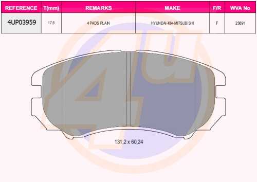 Колодки HYU COUPE/ELANTRA/TUCSON/KIA SOUL/SPORTAGE 1.6/2.0/2.7 V6/2.5/2.0CRDI 01- <b>4U 4UP03959</b> - изображение