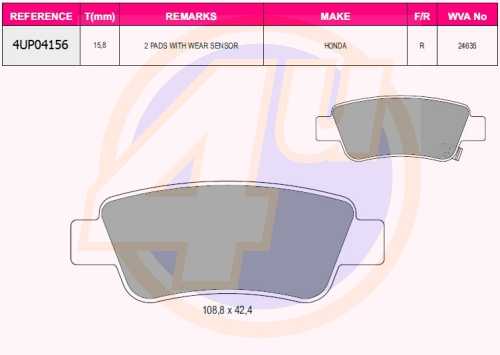 Колодки зад HON CR-V III 2.0/2.2D 07- (с 2 датчиками) <b>4U 4UP04156</b> - изображение