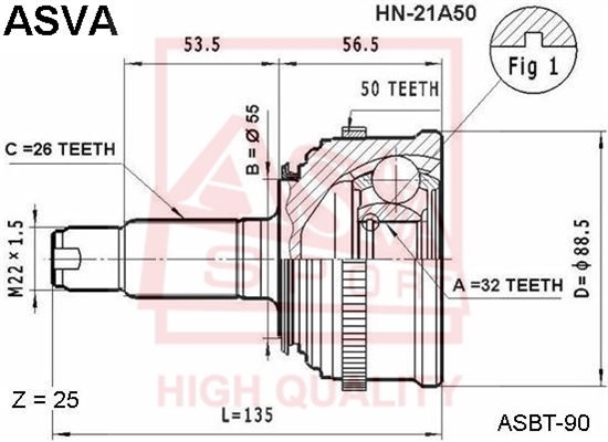 Шрус наружний 32x55x26 (CIVIC EH1/EK5/EG9,CR-V RD1) [12] <b>ASVA HN21A50</b> - изображение