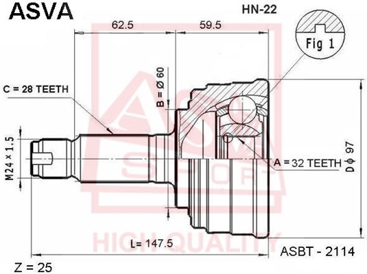 Шрус наружный 32X60X28 12 <b>ASVA HN22</b> - изображение