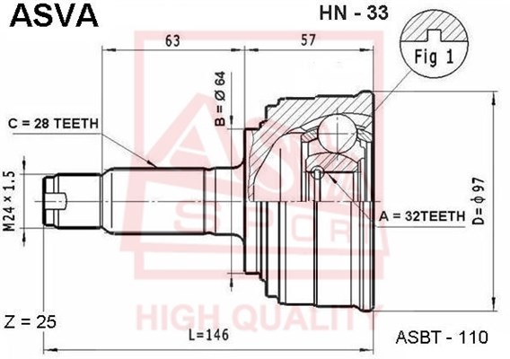Шрус наружний 32x64x28 (CRV RD1-RD2,INSPARE,SABER UA1/UA2,ODYSSEY RA1/RA2,S-MX RH,STEP WAGON RF1/RF2 [12] <b>ASVA HN33</b> - изображение