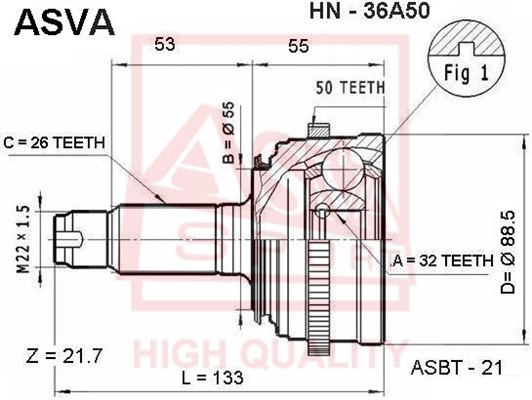 Шрус наружний 32x55x26 (HONDA CRV) [12] <b>ASVA HN36A50</b> - изображение