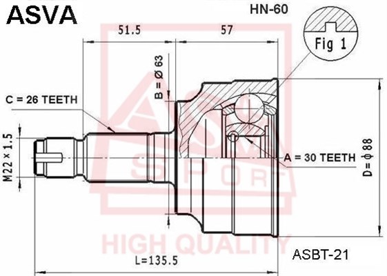 Шрус наружный 30x63x26 [12] <b>ASVA HN60</b> - изображение