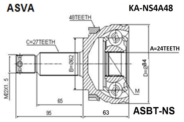 Шрус наружный 24x62x27 12 <b>ASVA KANS4A48</b> - изображение