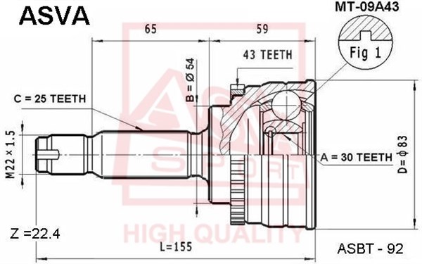 Шрус наружный 30x54x25 12 <b>ASVA MT09A43</b> - изображение