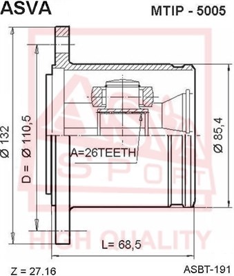 Шрус внутренний правый 26x110.5 MMC PAJERO 90- 12 <b>ASVA MTIP5005</b> - изображение