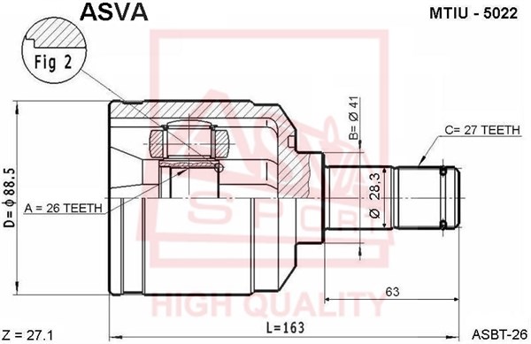 Шрус внутренний левый 26X41X27 12 <b>ASVA MTIU5022</b> - изображение Шрус внутренний левый 26X41X27 12 <b>ASVA MTIU5022</b> - изображение
