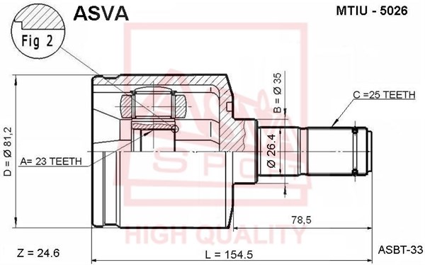 Шрус внутренний 23x35x25 (HYUNDAI : ELANTRA/LANTRA 1996-) [12] <b>ASVA MTIU5026</b> - изображение