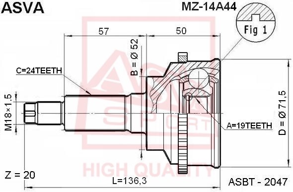 Шрус наружный 19x52x24 [12] <b>ASVA MZ14A44</b> - изображение