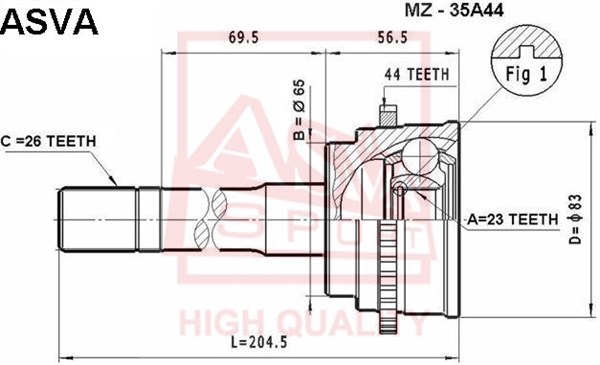 Шрус наружный 23x65x26 12 <b>ASVA MZ35A44</b> - изображение