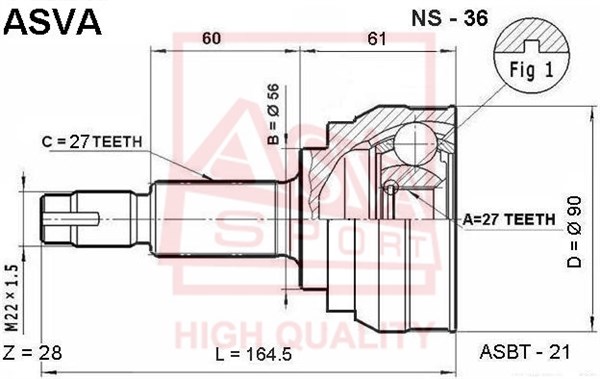 Шрус наружний 27x56x27) (гарантия 6 месяцев) 12 <b>ASVA NS36</b> - изображение