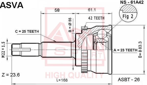 Шрус наружный 23x55x25 [12] <b>ASVA NS61A42</b> - изображение
