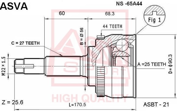 Шрус наружный 25x56x27 [12] <b>ASVA NS65A44</b> - изображение