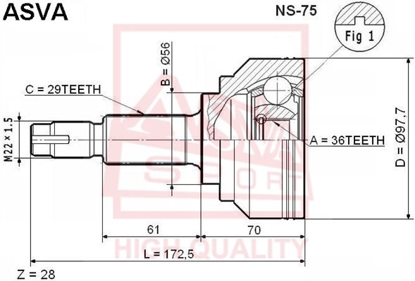 Шрус наружный 36x56x29 <b>ASVA NS75</b> - изображение