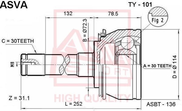Шрус наружный 30x72.3x30 <b>ASVA TY101</b> - изображение