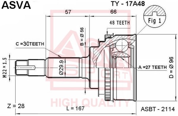 Шрус наружный 27x56x30 <b>ASVA TY17A48</b> - изображение