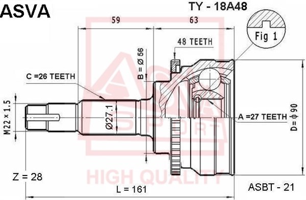 Шрус наружный 27x56x26 12 <b>ASVA TY18A48</b> - изображение