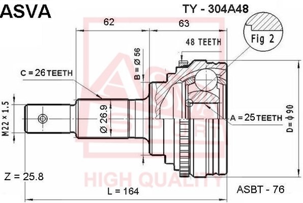 Шрус наружный 25x56x26 12 <b>ASVA TY304A48</b> - изображение