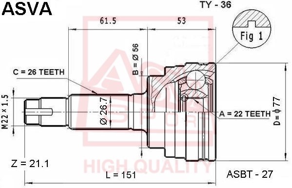 Шрус наружный 22x56x26 <b>ASVA TY36</b> - изображение