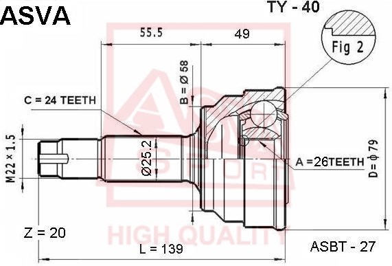 Шрус наружный 26x58x24 12 <b>ASVA TY40</b> - изображение