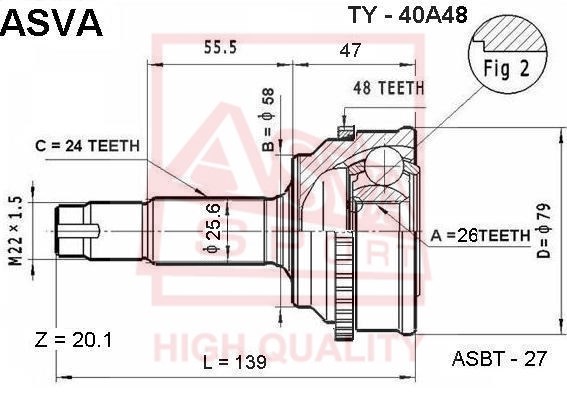 Шрус наружный 26x58x24 <b>ASVA TY40A48</b> - изображение