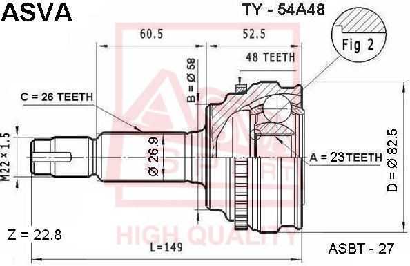 Шрус наружный 23X58X26 <b>ASVA TY54A48</b> - изображение