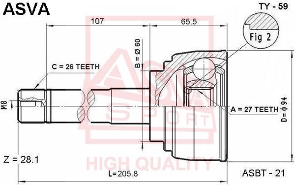 Шрус наружный 27X60X26 [12] <b>ASVA TY59</b> - изображение