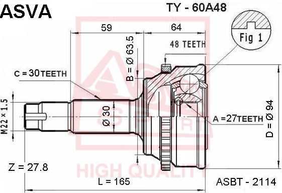 Шрус наружный 27x63.5x30 <b>ASVA TY60A48</b> - изображение