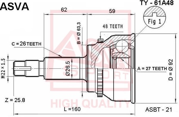 Шрус наружний 27x63,3x26 (ESTIMA PREVIA ACR30/40,ALPHARD,KLUGER) <b>ASVA TY61A48</b> - изображение