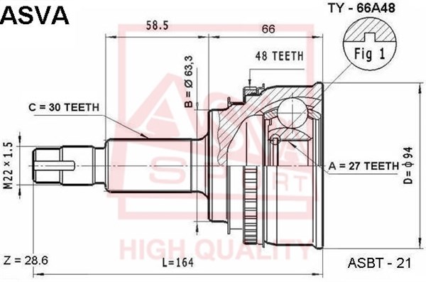 Шрус наружный 27x63.5x30 <b>ASVA TY66A48</b> - изображение