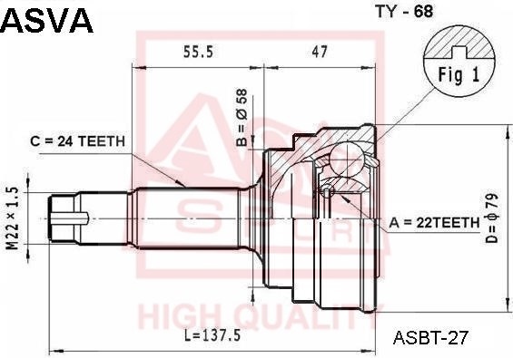 Шрус наружный 22x58x24 <b>ASVA TY68</b> - изображение
