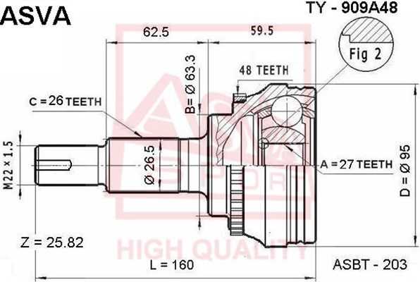 Шрус наружный 27x63.3x26 <b>ASVA TY909A48</b> - изображение