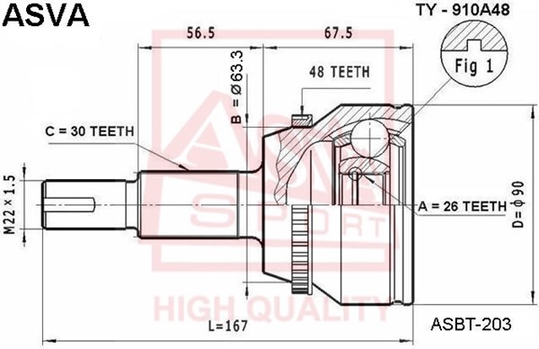 Шрус наружный 26X63.3X30 12 <b>ASVA TY910A48</b> - изображение