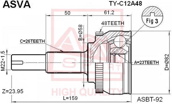 Шрус наружный 23X58X26 TOYOTA COROLLA 120 EURO [12] <b>ASVA TYC12A48</b> - изображение