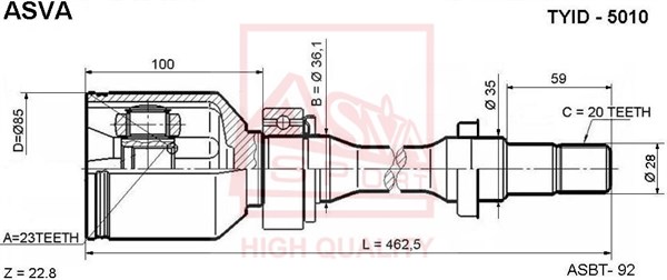 Шрус внутренний правый 23x36x20 TOYOTA CORONA 190 [12] <b>ASVA TYID5010</b> - изображение