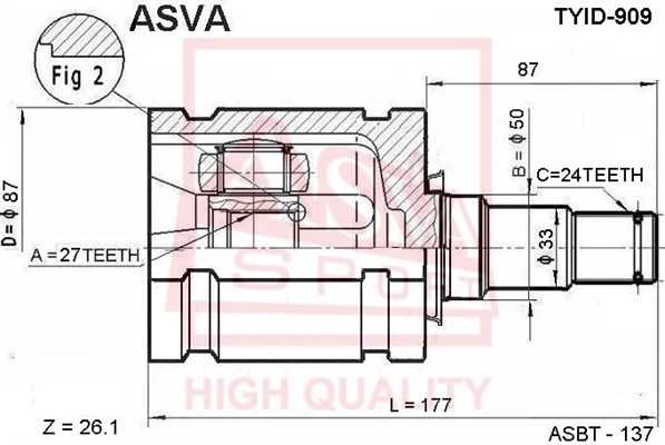 Шрус внутренний левый 27x50x24 TOYOTA CAMRY MCV30 43040-06080 43040-28010 43040-28011 43040-280 12 <b>ASVA TYID909</b> - изображение
