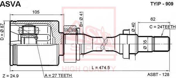 Шрус внутренний правый 27x41x24 TOYOTA CAMRY MCV30 43030-06070/ 43030-33050/ 43030-33051/ 43030-33 [12] <b>ASVA TYIP909</b> - изображение