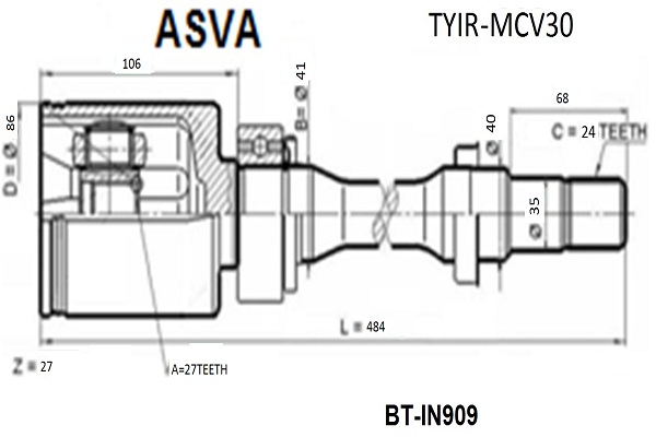 Шрус внутренний правый 27x40x24 12 <b>ASVA TYIRMCV30</b> - изображение