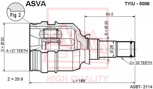 Шрус внутренний левый 27X35X20 [12] <b>ASVA TYIU5006</b> - изображение