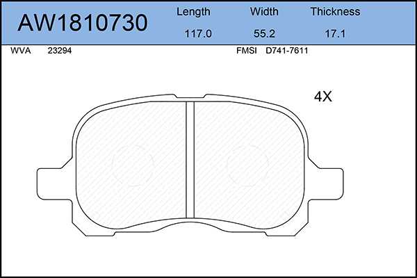 Колодки тормозные передние TOYOTA Corolla 1,4/1,6 04/97-01/02 <b>AYWIPARTS AW1810730</b> - изображение