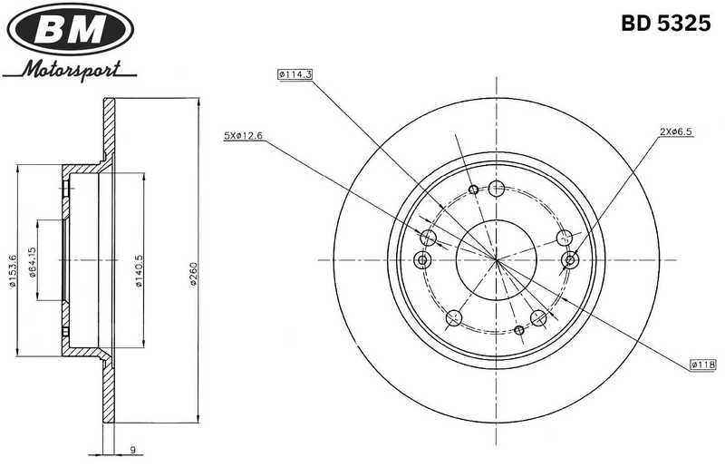 Диск тормозной задний 260X9MM 5/114,3(1шт.) <b>BM-MOTORSPORT BD5325</b> - изображение 1