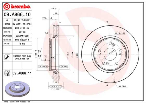Диск тормозной <b>BREMBO 09.A866.11</b> - изображение
