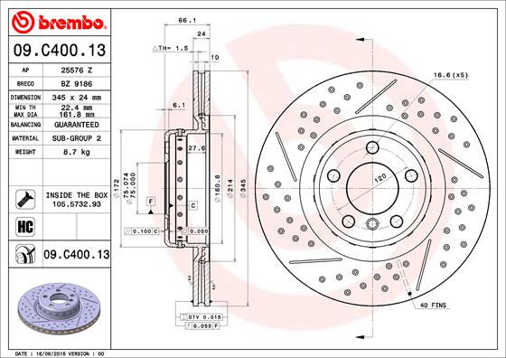 Диск тормозной <b>BREMBO 09.C400.13</b> - изображение Диск тормозной <b>BREMBO 09.C400.13</b> - изображение