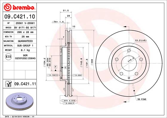 Диск тормозной передний MAZDA CX-5 (KE,GH) 11> <b>BREMBO 09.C421.11</b> - изображение