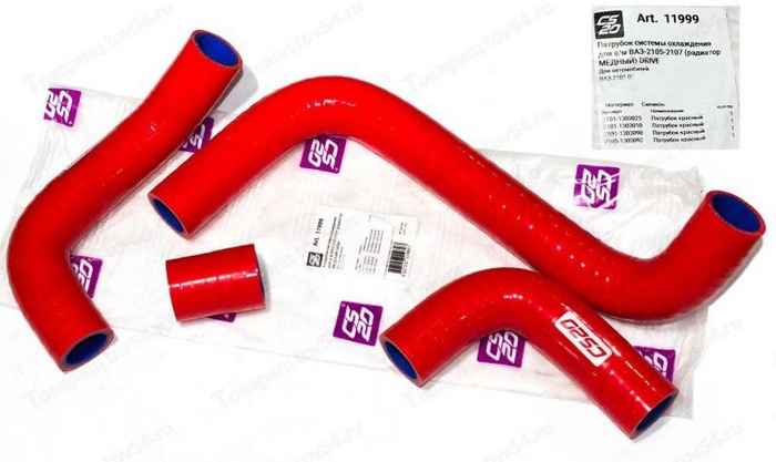 Патрубки радиатора ВАЗ 2101 (4шт) (для медного радиатора) силикон красный <b>CS-20 11999</b> - изображение