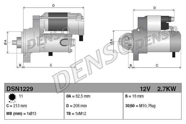Стартер Toyota Hiace 93-20 / Hilux Pick Up 01-04 / Land Cruiser Prado (J90,J120,J150) 96-20 / 4Runner 02-09 (2,7 kW / Z=11) <b>DENSO DSN1229</b> - изображение