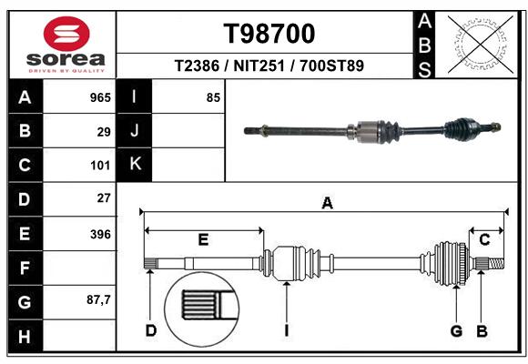 Привод правый 968mm_ Nissan X-Trail T31 07> <b>EAI T98700</b> - изображение