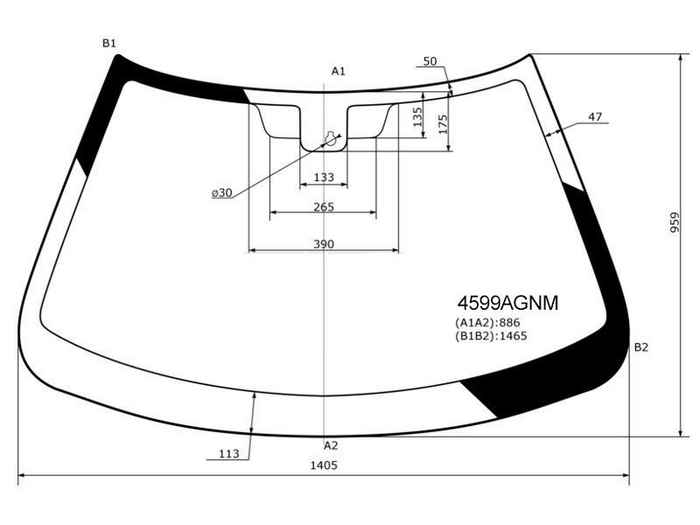 Стекло лобовое ВАЗ 2190 Гранта LADA Granta 11- / Datsun mi-Do 14-21 место под датчик дождя, под зеркало заднего вида, без полосы-светофильтра FUYAO 4599AGNM - изображение